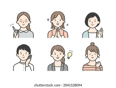 Set of illustrations of a smiling young woman.