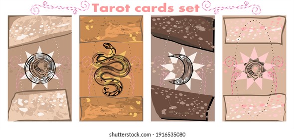 Conjunto de ilustraciones con serpiente, luna, sol, estrella sobre un fondo de piedra. Vector. 