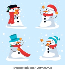 Set of illustrations of snowmen in different hats for new year party
