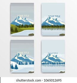 Set of illustrations with snowy mountains and lakes. Vector