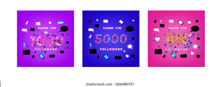 Set of illustrations for social media post. 1000, 5000, 10K Followers thank you phrases with liguid pattern on trendy background with random items. Banner for blog. Vector illustration.