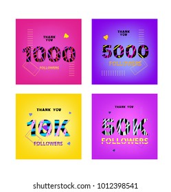 Set of illustrations  for social media post. Followers thank you phrases on trendy background with random items. Funky memphis modern style. Banner for blog. Vector illustration.