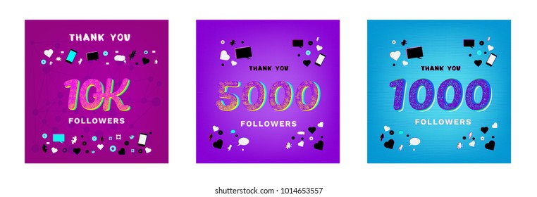 Set of illustrations  for social media post. Followers thank you phrases on trendy background with random items. Chromatic aberration modern style. Banner for blog. Vector illustration.