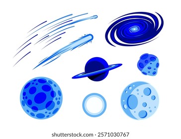 Set of illustrations of space objects, comet, meteors, planet, galaxy, asteroids.