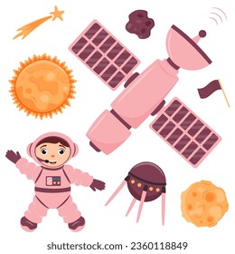 A set of illustrations with a space station, satellite, astronaut, moon, sun, shooting star in cartoon style. Space travel. Vector illustration.