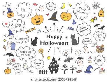 A set of illustrations and speech bubbles related to Halloween