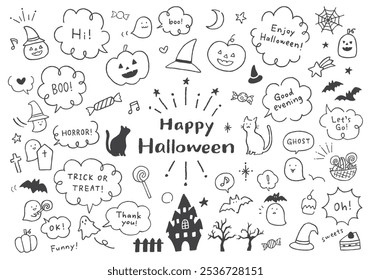 A set of illustrations and speech bubbles related to Halloween