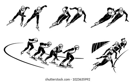 Set of illustrations of speed skaters. Short track. Hand drawn illustration.
