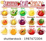 Set of illustrations of splashes of freshly squeezed juice with fruits and vegetables. Summer fruit madness 