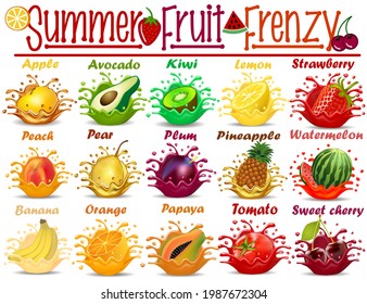 Eine Reihe von Illustrationen über die Würze von frisch gepresstem Saft mit Obst und Gemüse. Sommerfruchtwahn 