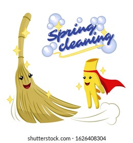 A set of illustrations of spring cleaning. Cute broom and rubber glove for cleaning. Kawaii characters