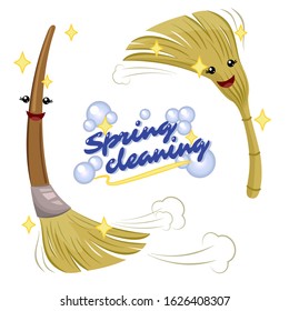 A set of illustrations of spring cleaning. Cute broom for cleaning. Kawaii characters