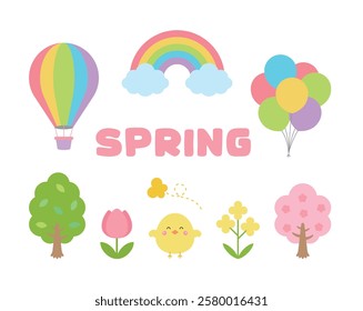 A set of illustrations with a spring concept. Cherry blossoms, flowers, rainbows, balloons, hot air balloons, chicks, rape blossoms, butterflies, trees, tulips.