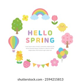 A set of illustrations with a spring concept. Cherry blossoms, flowers, rainbows, balloons, hot air balloons, chicks, rape blossoms, garlands, strawberries, trees, tulips.