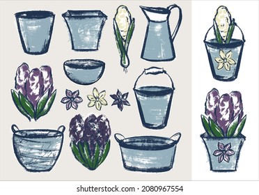 A set of illustrations. Spring hyacinth, planters and flower pots. In the style of a careless sketch by hand with a wide brush.