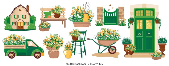 A set of illustrations of a spring rural scene with a cottage, a bench, a fence and flowers. A car with daffodils and tulips in the trunk. The front door with flowers. Vector clipart.