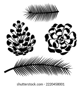 Set of illustrations of spruce branches and fir cones.