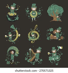 Set of illustrations for St. Patrick's Day. Leprechaun in different images.