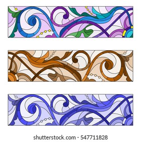 Set of illustrations of stained glass with abstract swirls and flowers , horizontal orientation