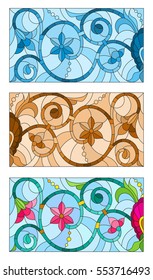 Set of illustrations of stained glass with abstract swirls and flowers , horizontal orientation