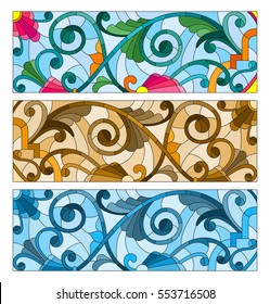 Set of illustrations of stained glass with abstract swirls and flowers , horizontal orientation