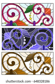 Set of illustrations of stained glass with abstract swirls and flowers , horizontal orientation