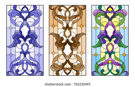 Set of illustrations of stained glass with abstract swirls and flowers , vertical orientation