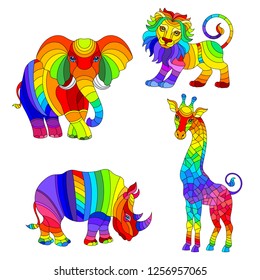 Set of illustrations with set of stained glass elements, African animals, abstract rainbow elephant, giraffe, lion and Rhino, isolated on white background