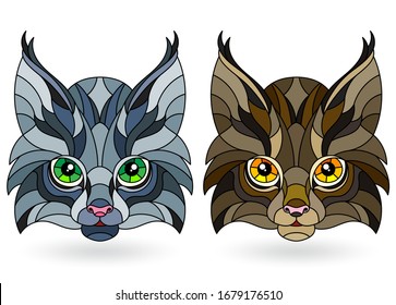 Set of illustrations of stained glass elements with animal faces, cute lynxes, isolated on white background