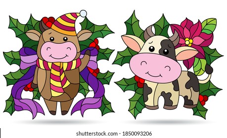 Set of illustrations with stained glass elements, toy bulls and Holly branches, isolated on a white background