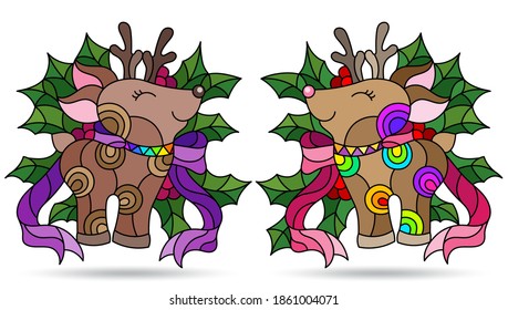 Set of illustrations with stained glass elements, toy deers and Holly branches, isolated on a white background