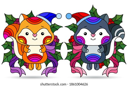 Conjunto de ilustraciones con elementos de vidrio manchado, racco de juguete y zorro con ramas Holly, aislado sobre un fondo blanco