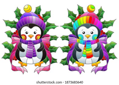 Conjunto de ilustraciones con elementos de vidrio manchado, pingüinos de juguete y ramas de Holly, aisladas sobre un fondo blanco