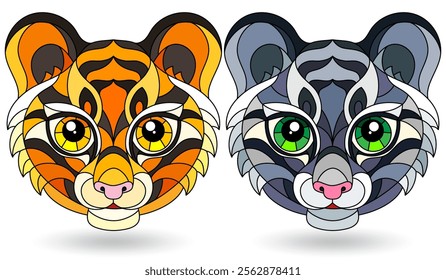 Set of illustrations of stained glass elements with animal faces, cute tigers, isolated on white background