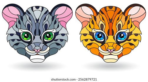 Set of illustrations of stained glass elements with animal faces, cute leopards, isolated on white background