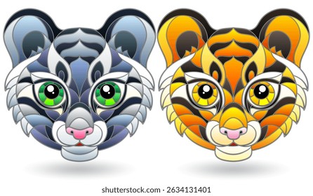 Set of illustrations of stained glass elements with animal faces, cute tigers, isolated on white background
