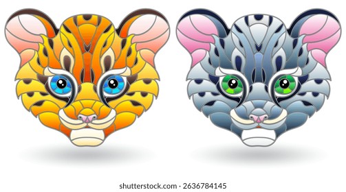 Set of illustrations of stained glass elements with animal faces, cute leopards, isolated on white background