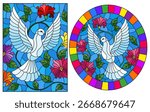 Set of illustrations in stained glass style with flying white doves and flowers, on a blue background