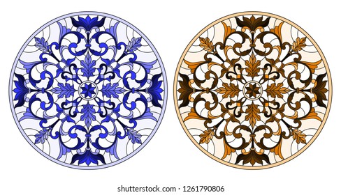 Set of illustrations in stained glass style with round floral arrangements, blue and brown tone