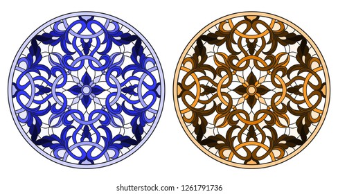 Set of illustrations in stained glass style with round floral arrangements, blue and brown tone