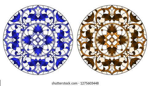 Set of illustrations in stained glass style with round floral arrangements, blue and brown tone