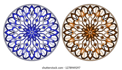 Set of illustrations in stained glass style with round floral arrangements, blue and brown tone