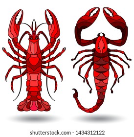 Set of illustrations in stained glass style with red Scorpion and crayfish , isolated on white background