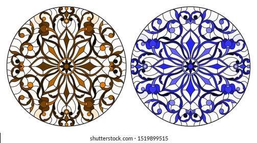 Set of illustrations in stained glass style with round floral arrangements, blue and brown