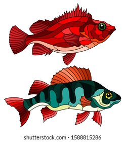 A set of illustrations in stained glass style with river bass and sea bass, isolated on a white background