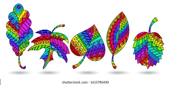 Set of illustrations in stained glass style with rainbow patterned leaves, isolated on a white background