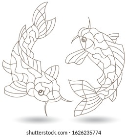 Set of illustrations in stained glass style with koi carp fish,dark contour  isolated on a white background