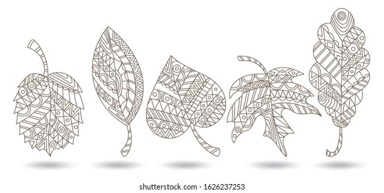 Set of illustrations in stained glass style with  patterned leaves,dark outlines  isolated on a white background
