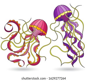 Set of illustrations in stained glass style with jellyfish, isolated on a white background