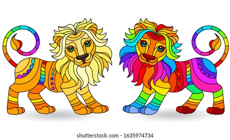 Set of illustrations in stained glass style with figures of abstract rainbow lions, isolated on a white background